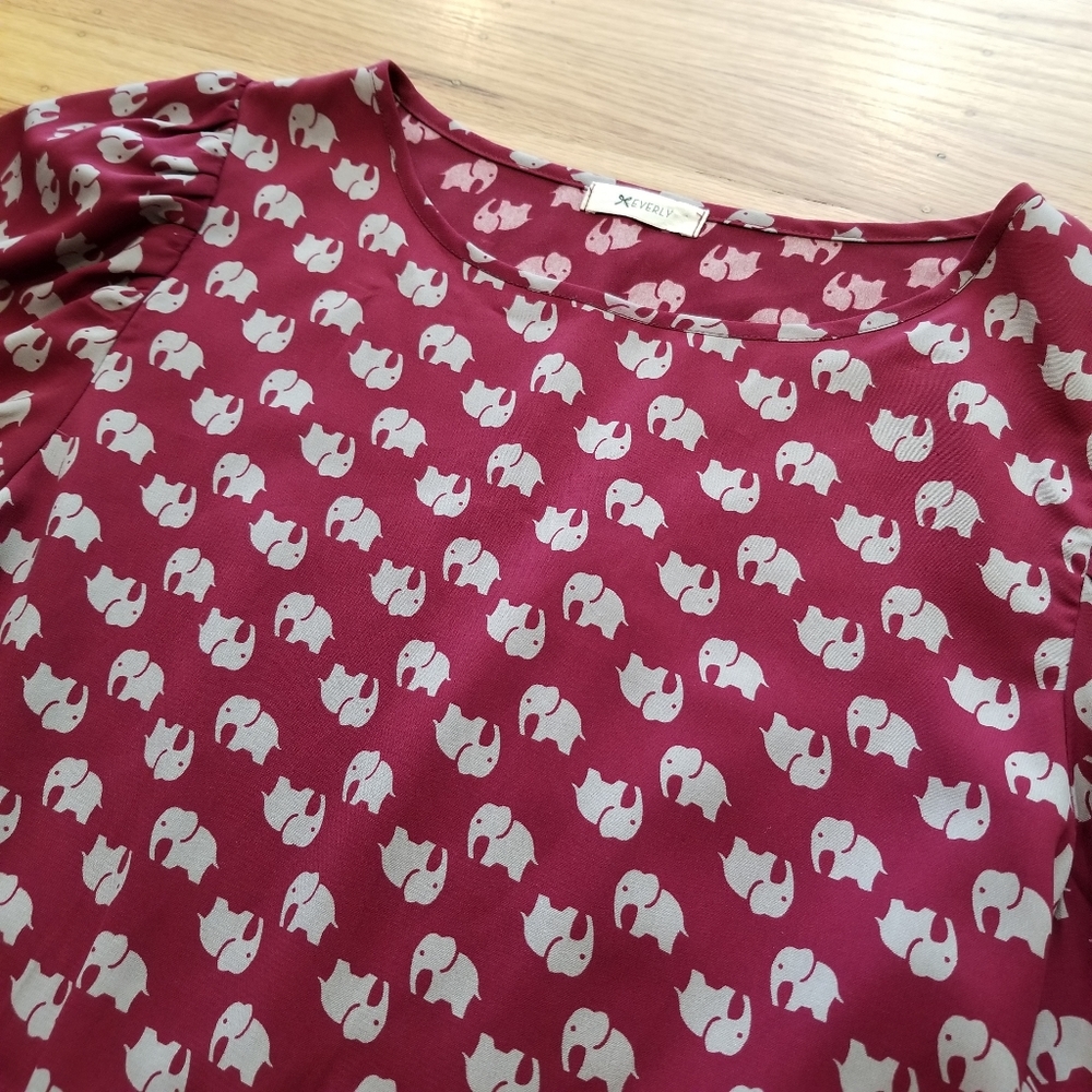 Everly Elephant Maroon Grey Blouse Top, Stitch Fix